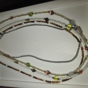 Multi-Strand Beaded Choker Necklace in White, Brown & Gold